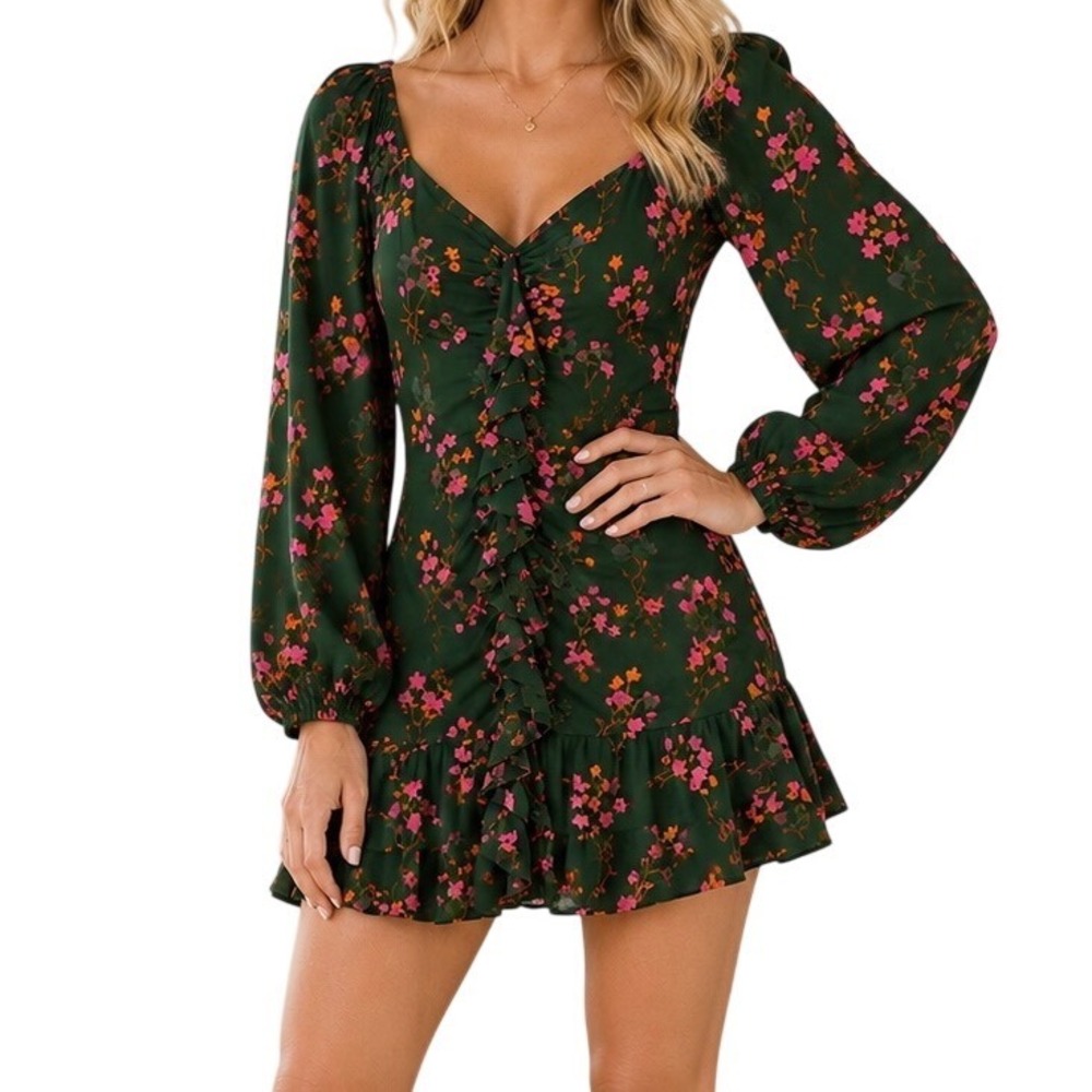 Caballero Green Floral Mini Dress Womens XS Ruched Ruffle Puff Sleeve